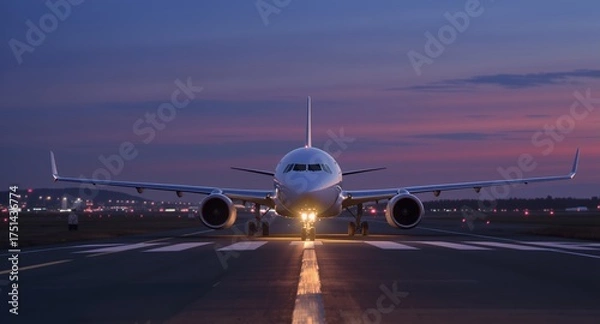 Fototapeta Plane on runway at dusk, lit up