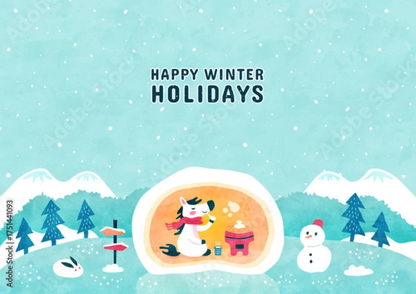 Obraz かまくらでお餅を食べる馬の背景イラスト 冬の雪景色の自然風景（水彩風）