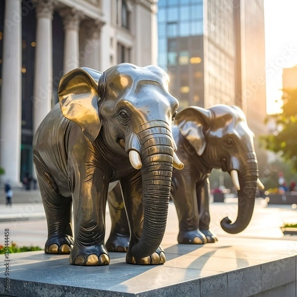 Obraz Two bronze elephant statues in a city square