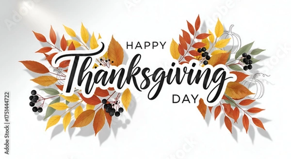 Fototapeta ​A unique and elegant graphic design with beautiful calligraphy text spelling out Happy Thanksgiving and a colorful frame of autumn leaves, berries and line art pumpkins on a clean white background.
