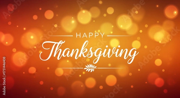 Fototapeta ​A unique and elegant graphic design with beautiful calligraphy text spelling out Happy Thanksgiving and a subtle decorative branch on a glowing orange and yellow blurred bokeh light background 