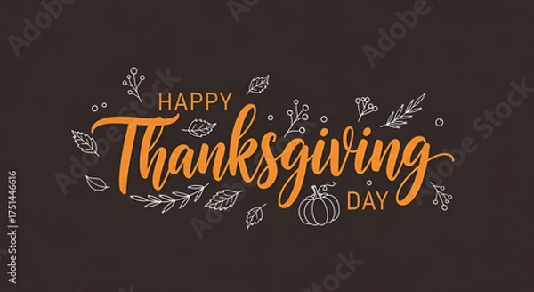 Fototapeta A stylish and elegant graphic design with hand drawn illustration of autumn leaves and berries surrounding beautiful orange calligraphy text for a Happy Thanksgiving Day banner on a dark background.
