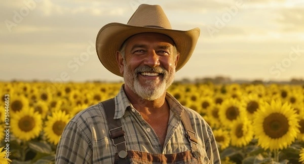 Fototapeta Smiling Man in Cowboy Hat in Sunflower Field at Sunset