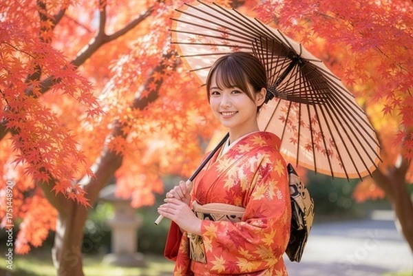 Fototapeta 紅葉を背景に鮮やかな和装の女性が和傘を持ち笑顔で立っている