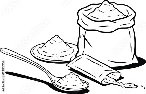 Obraz Black and White Illustration of Powdered Substance with Spoon and Bag