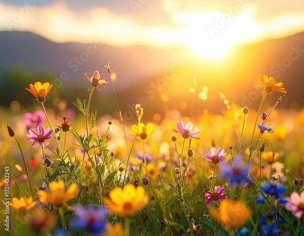 Fototapeta Meadow with Colorful Wildflowers and Sunlit Mountain Landscape in Golden Hour