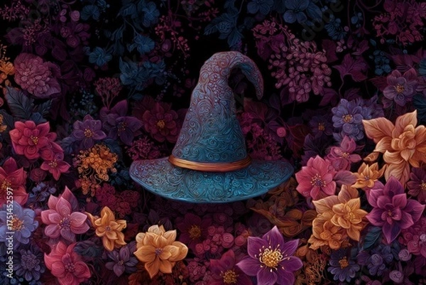 Fototapeta Halloween background with witch hat and flowers, generative ai