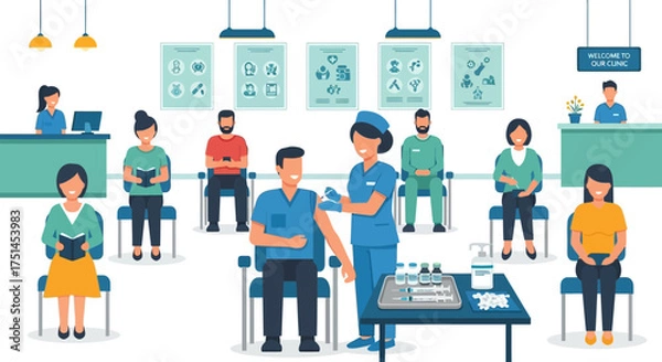 Obraz Vaccination Clinic Illustration People Receiving Injections, Healthcare, and Medical Procedures