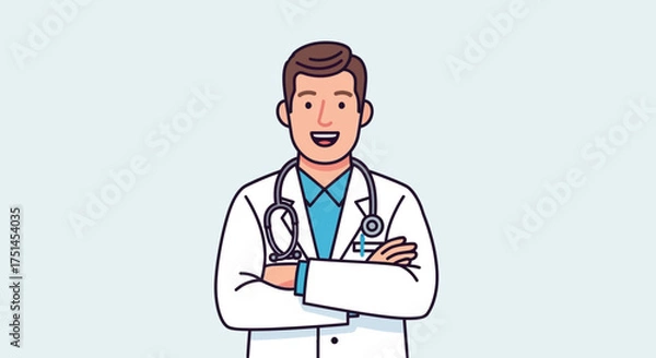 Obraz Smiling male doctor with arms crossed wearing a white lab coat and stethoscope, medical professional illustration