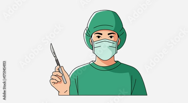 Obraz A dedicated surgeon in sterile green scrubs, a surgical cap, and a face mask holding a scalpel, poised for a medical operation