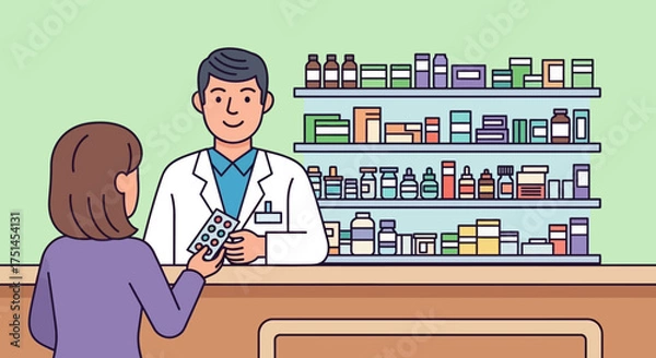 Obraz Friendly pharmacist assisting a customer by providing medication at a modern pharmacy counter, highlighting healthcare service and professional advice for well-being