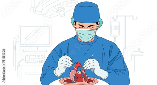 Obraz Illustration of a surgeon performing a delicate heart surgery with surgical instruments and medical equipment in the background