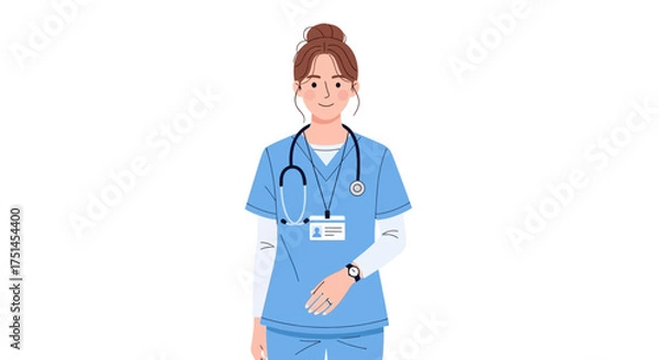 Obraz A female medical professional wearing blue scrubs and a stethoscope, standing confidently with a friendly expression