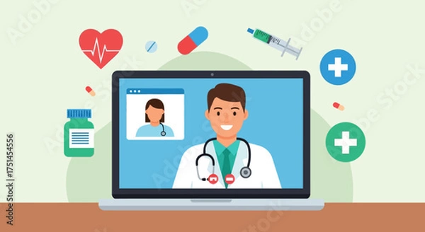 Obraz Online Doctor Consultation Via Laptop Telemedicine Service for Remote Healthcare
