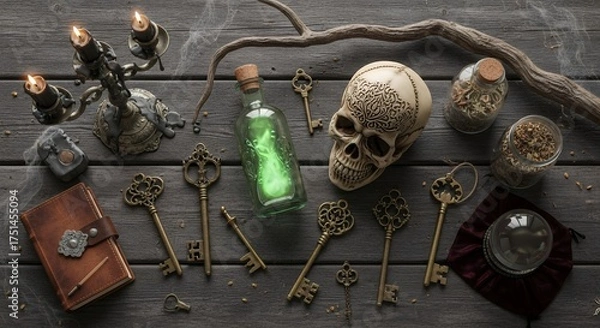 Obraz Top view of various vintage elements for Halloween, a bottle of potion, and a skull on wooden boards. Concept for magical rituals, fortune telling and gothic composition