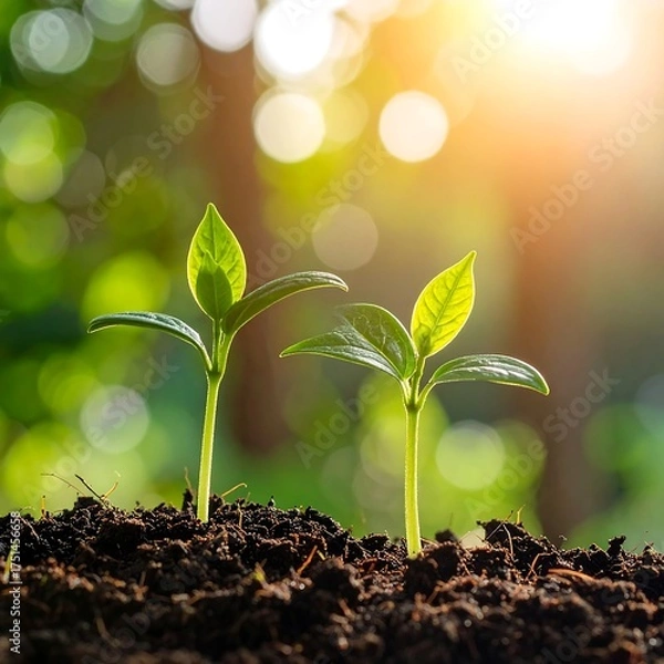 Obraz Two green seedlings emerging from the dark soil