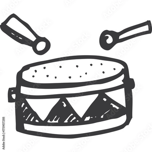 Fototapeta Hand Drawn Drum with Drumsticks Doodle Style Outline Illustration Isolated on Transparent Background