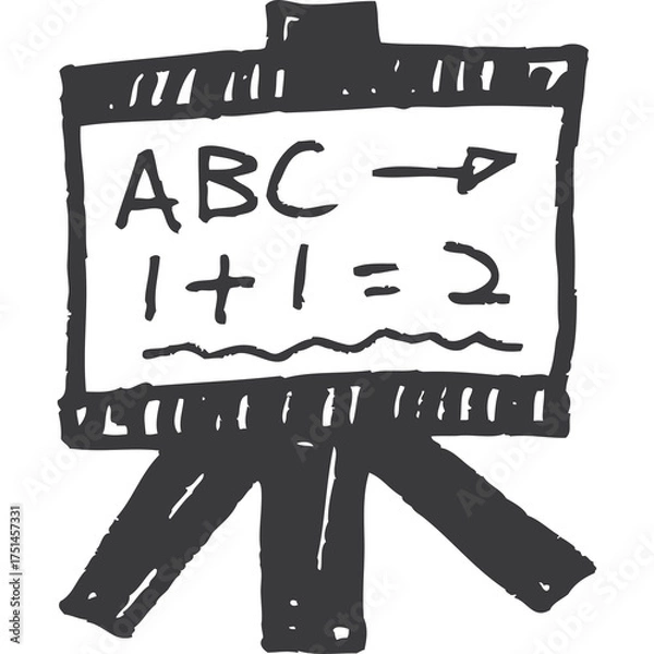Fototapeta Hand Drawn Easel Displaying ABC and 1+1=2 Math Equation With Sketchy Blackboard and Tripod Stand For Educational Purposes