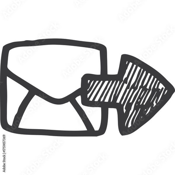 Fototapeta Hand Drawn Envelope with Outgoing Arrow Symbol in Black Ink on Transparent Background Communicating Digital Messaging Concept