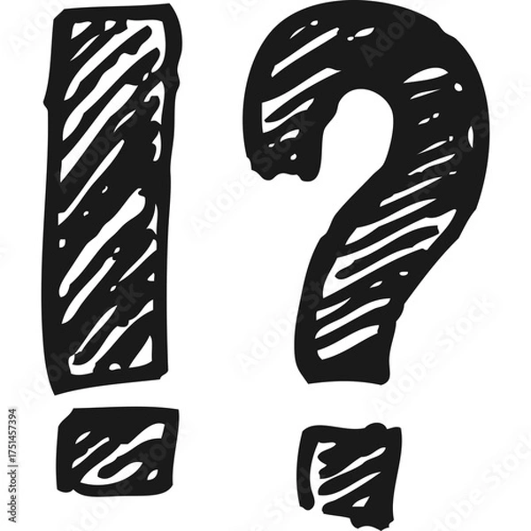 Fototapeta Hand Drawn Exclamation Mark and Question Mark Symbols with Black Ink Sketch Style Isolated on Transparent Background for Graphic Design Elements