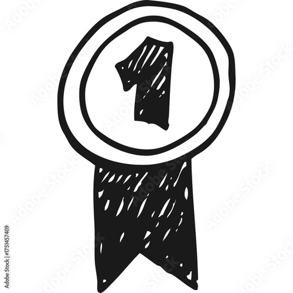 Fototapeta Hand Drawn First Place Ribbon Medal Icon With The Number One In Black Outline On A Transparent Background Representing Victory Achievement And Success