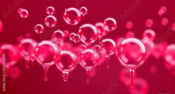 Fototapeta The image displays a cluster of glossy, fluid spheres floating against a deep red background. The spheres exhibit light reflections and droplet-like formations, hinting at a liquid origin.