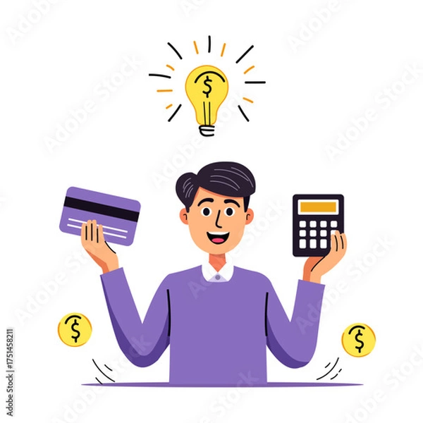 Obraz Financial Idea Character with Credit Card and Calculator for Planning Savings, Investment