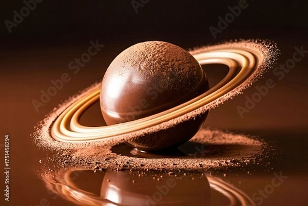 Obraz Chocolate planet Saturn rings cocoa dust glossy sphere reflection surreal fantasy background