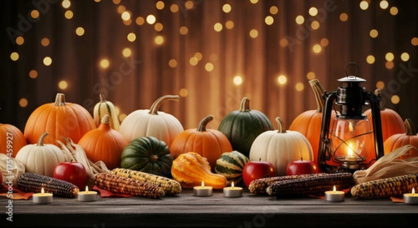 Fototapeta A cozy and rustic Thanksgiving composition with a variety of pumpkins, gourds, and corn arranged on a wooden table with glowing candles and a lantern against a blurred bokeh light background