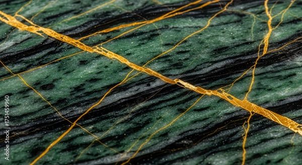 Fototapeta Luxurious Green Marble with Golden Veins and Speckles Abstract Background Texture