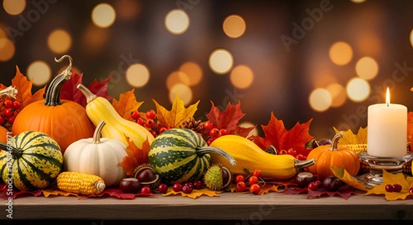Fototapeta A cozy and rustic composition with a beautiful white glowing candle and a variety of colorful pumpkins, gourds, and autumn leaves on a wooden table with a blurred bokeh light background copy space 