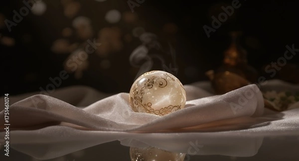 Fototapeta Mystical Glowing Orb with Golden Filigree and Gentle Smoke Wisps on Luxurious Fabric