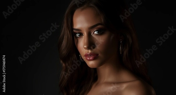 Fototapeta Portrait of a woman with striking makeup and a glamorous look, studio lighting, dark background