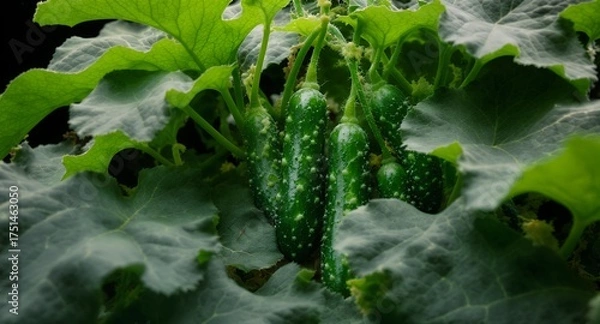 Obraz Ripe Cucumbers Growing on the Vine Among Lush Green Leaves