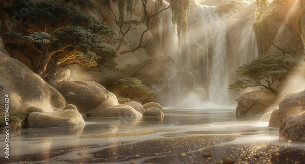 Fototapeta Serene Waterfall Landscape with Golden Sparkles and Lush Greenery