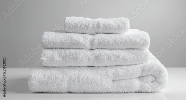 Fototapeta Stacked fluffy white bath towels on a clean surface, folded neatly for storage or display