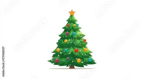 Obraz A Christmas tree, festive element, flat vector design, bright green with colorful baubles, isolated on white background.