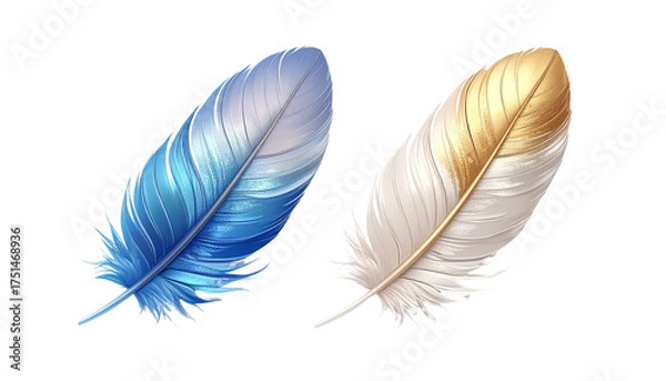 Fototapeta Two Fantasy Feathers in Light Blue and Golden White for Writing, Magic or Decoration