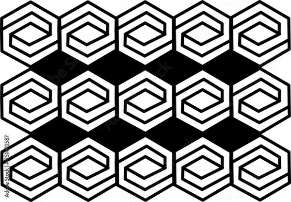 Fototapeta Abstract geometric pattern with interlocking hexagonal spiral shapes in black and white, creating a modern optical illusion and bold contemporary design