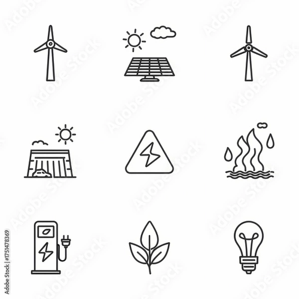 Obraz A set of nine linear icons representing various energy sources, electricity, and environmental concepts.