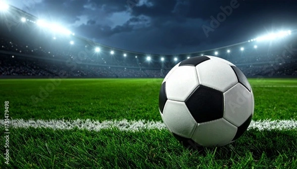 Obraz Exciting soccer game atmosphere with a ball on the vibrant green field and stadium lights shining bright ready for the action packed match