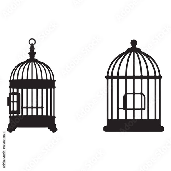 Fototapeta Two Elegant Birdcage Silhouettes in Black and White for Decorative Design Elements and Graphic Resources