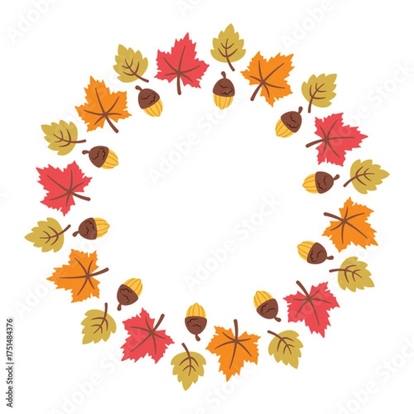 Fototapeta Fall leaves round frame isolated on white background. Circular border design with seasonal foliage. Vector flat illustration for invitations, labels, packaging, cards