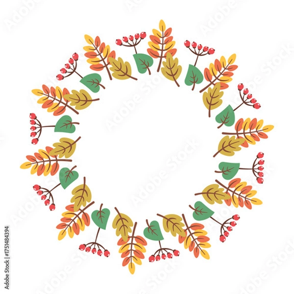 Fototapeta Autumn foliage wreath. Circular frame of fall leaves and berries. Seasonal round border isolated on white background. Vector  flat illustration for greeting cards, invitations, posters