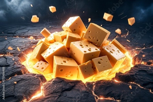 Obraz Swiss cheese blocks erupt lava cracks smoke glow dark surreal fantasy volcanic background