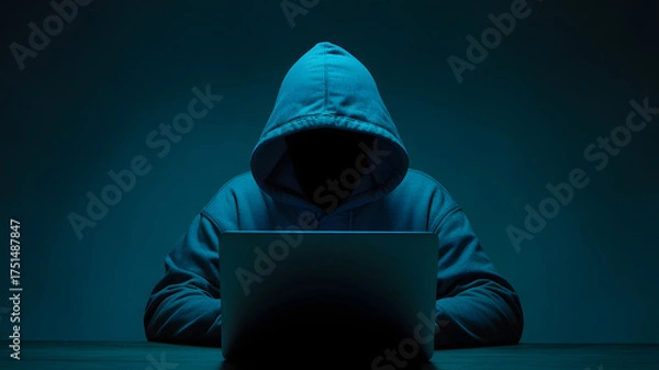 Fototapeta Mysterious hooded figure intensely focused on laptop screen in dark, atmospheric setting