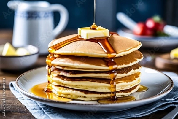 Obraz Pancakes butter syrup strawberries pitcher bowl wood table warm cozy breakfast background