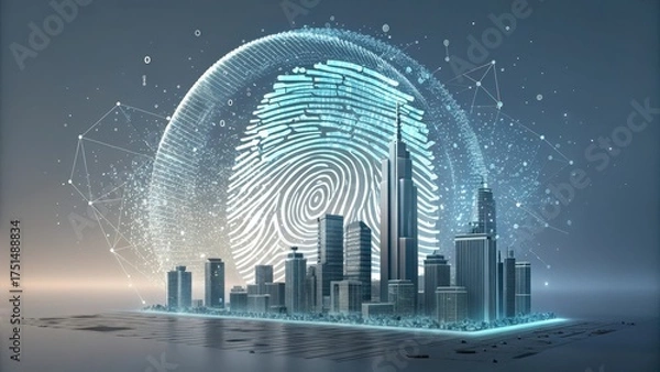 Fototapeta Futuristic digital fingerprint encircling a modern cityscape with data streams