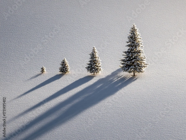 Fototapeta Minimalist Tiny Pine Trees on Snowy Hills