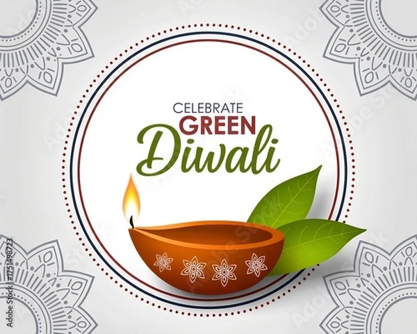 Fototapeta Minimalist Green Diwali poster with an earthen diya, green leaves, and mandala border on a white background — promoting eco-friendly celebration.